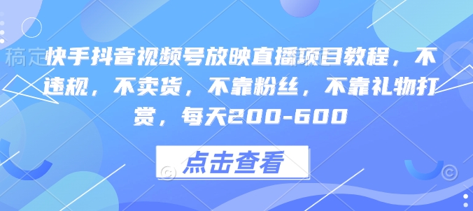 快手抖音视频号放映直播项目教程，不违规，不卖货，不靠粉丝，不靠礼物打赏，每天200-600-暴富网创